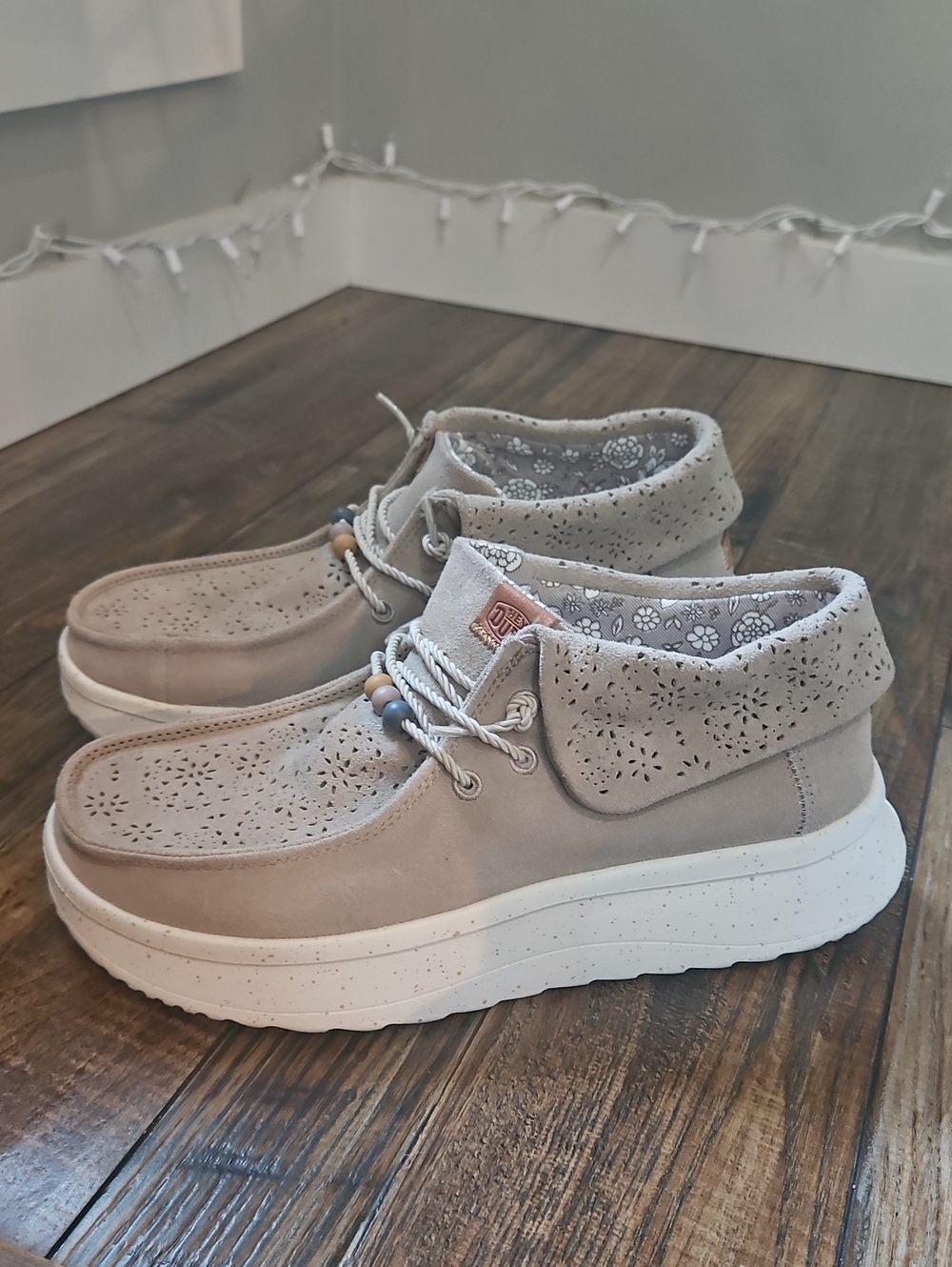 Hey Dude Casual Suede Chukka Platform Sneakers in Light Taupe With Beaded Accent